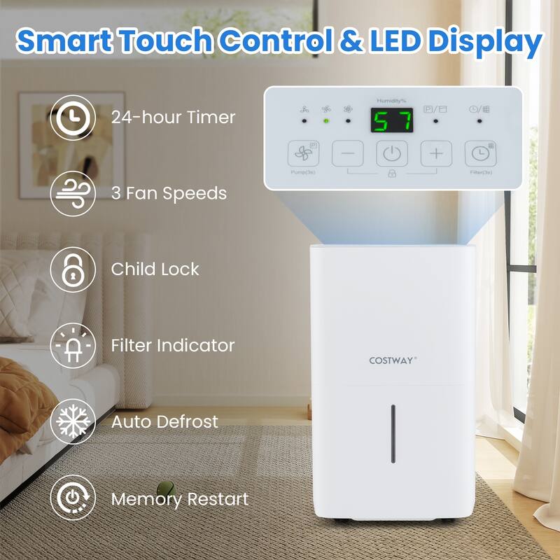 150 Pint Dehumidifier for 7000 Sq Ft Basement with Pump Drain Hose and LED Display Timer - 14.5" x 11" x 24"