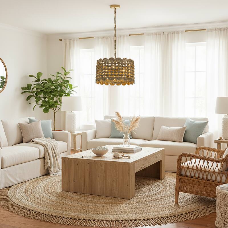 Riva Natural 4-Light Seagrass Scalloped Pendant, Coastal Boho - Handwoven - 18" Wide