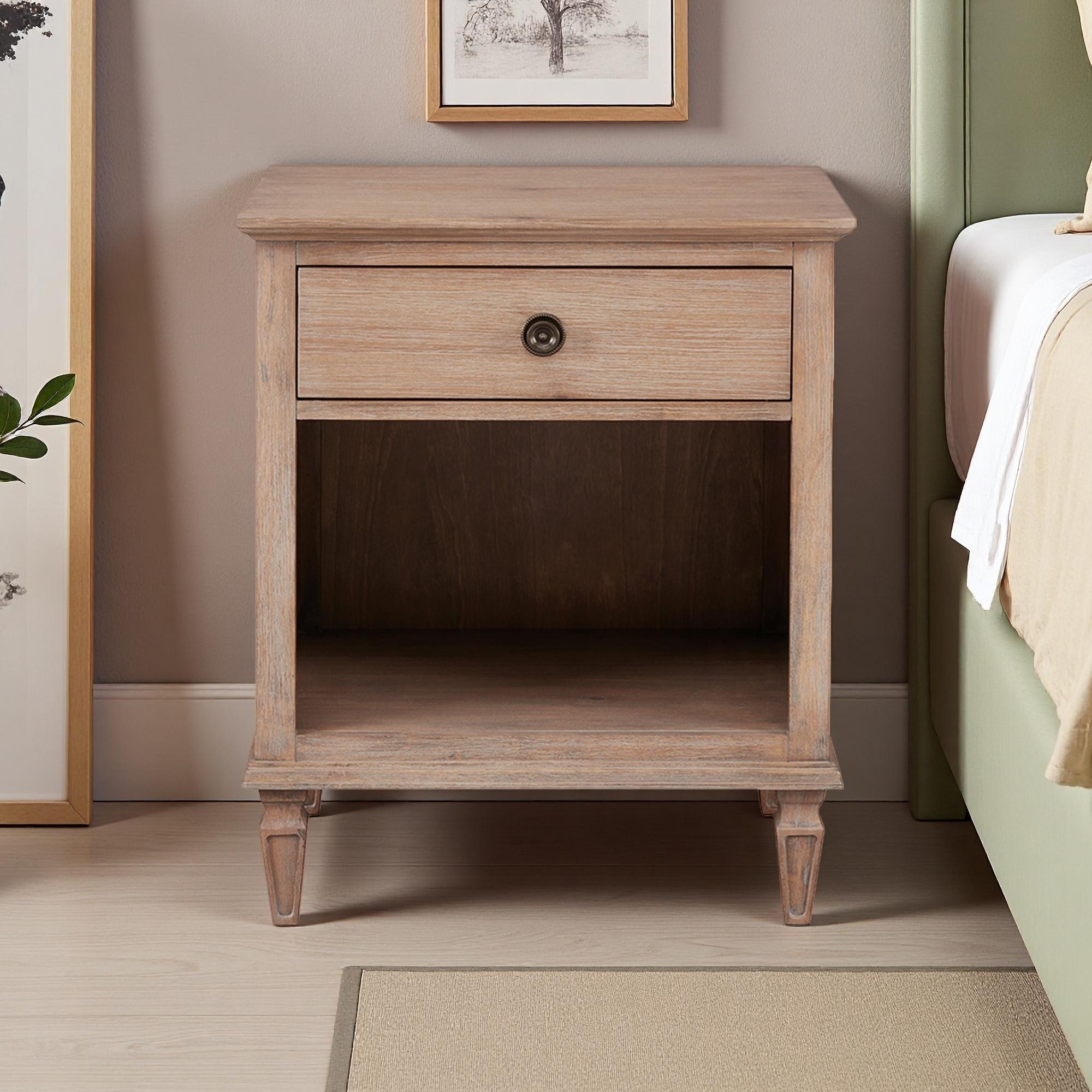 24"L French-Inspired Nightstand with Open Shelf, 1 Drawer, Full Extension Glide, and Oak Finish