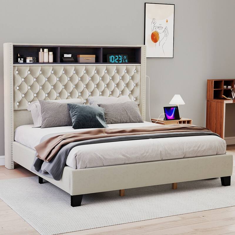 Moasis King Size Velvet Upholstered Bed Frame with Storage Headboard with USB Charging Stations