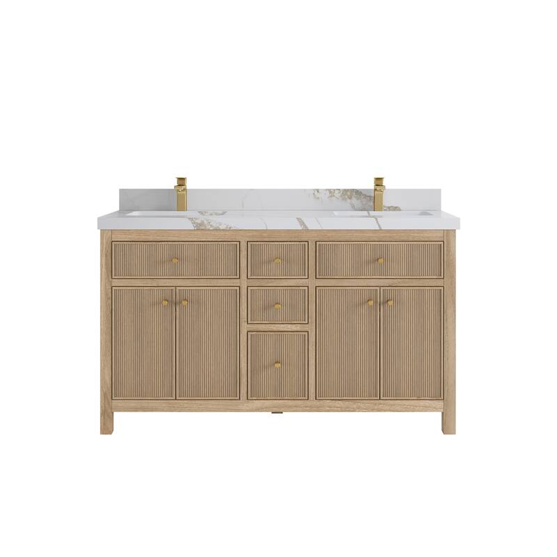 Willow Collections 60 in. W x 22 in. D Sonoma Teak Double Sink Bathroom Vanity with Countertop - 2” Calacatta Gold - Light Graywashed
