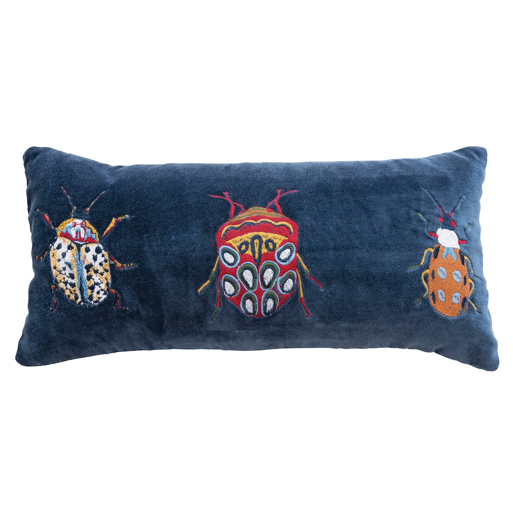 Cotton Velvet Lumbar Pillow with Beetle Embroidery - 18.0"L x 8.0"W x 2.0"H
