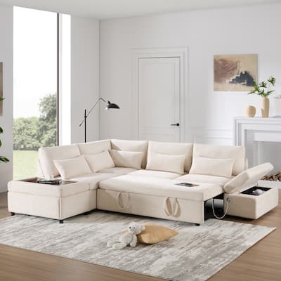 Premium Modular Sectional Pull-Out Sofa Bed with Adjustable Armrests, Movable Storage Ottoman, USB & Type-C Ports