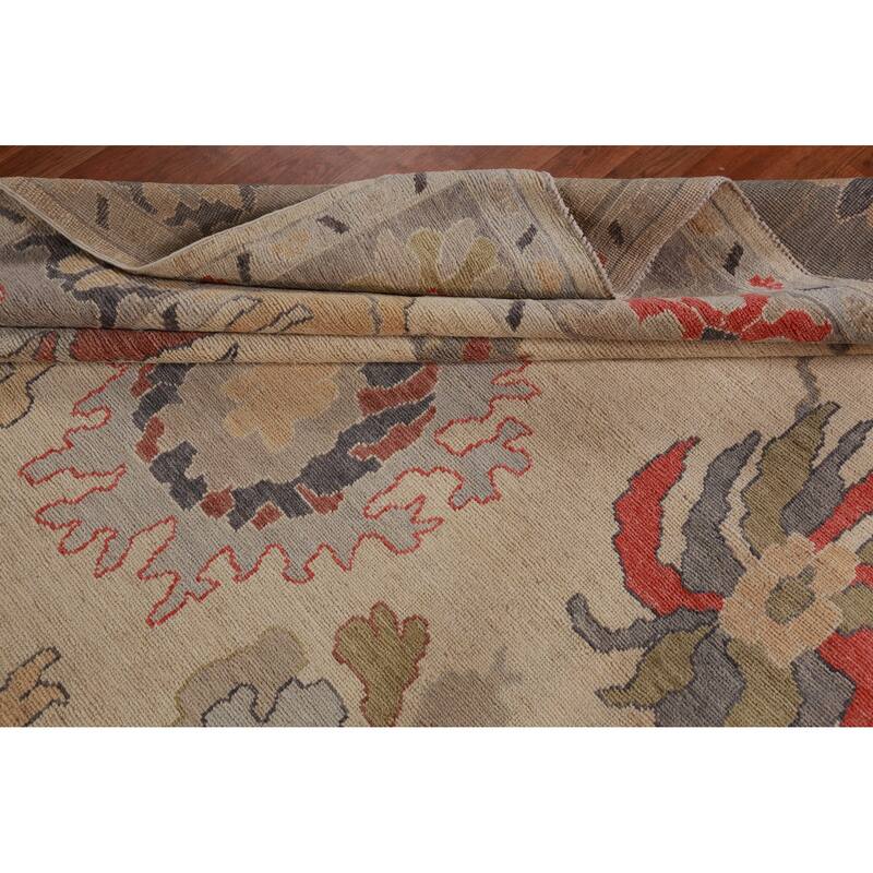 Hand Knotted Oriental 100% Wool Carpet Transitional All-Over Beige & Ivories Oushak Area Rug - 12' 5'' X 9' 1''
