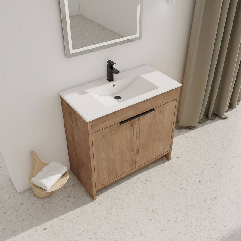 24", 30", 36" Freestanding Bathroom Vanity with White Ceramic Sink & Soft-Close Doors