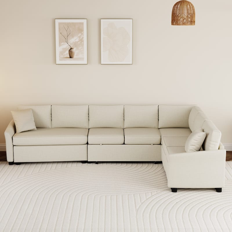 L-shaped Sofa Convertible Sofa Bed Pull Out Sofa Sleeper,2 Back Pillows,USB Ports,Power Sockets,Beige