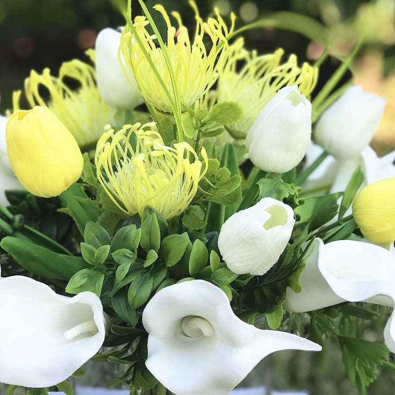 Enova Home Mixed Artificial Real Touch Tulip and Lily Fake Silk Flowers Arrangement in Clear Glass Vase for Home Decoration
