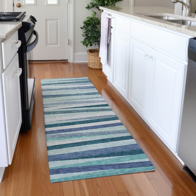 Machine Washable Indoor/ Outdoor Modern Stripes Chantille Rug - Teal - 2'3" x 7'6"