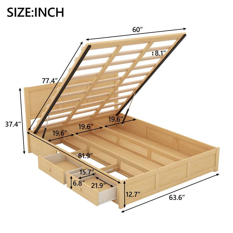 Queen/Full Wood Platform Bed Frame with Underneath Storage and Drawers, Pine Wood and MDF Construction, Easy Assembly