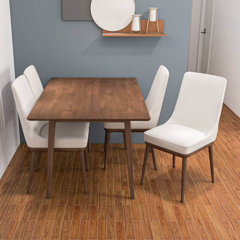 Ana Modern Solid Wood Walnut Dining Table and 4 Chairs Set - Beige