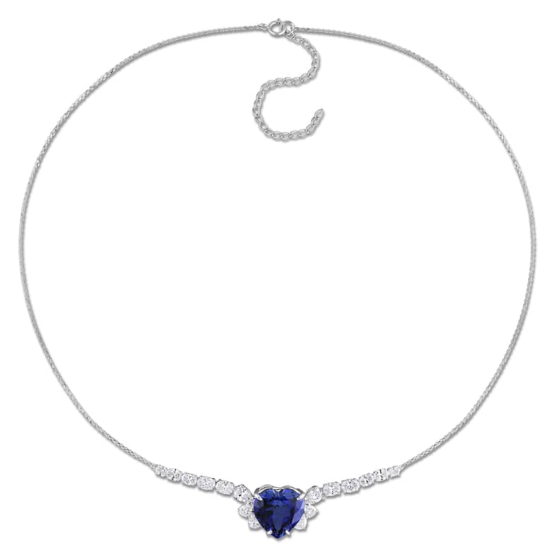 Miadora 12 3/8ct TGW Created Blue Saphire 3 1/7ct TDW Lab-Grown Diamond Necklace 14k White Gold