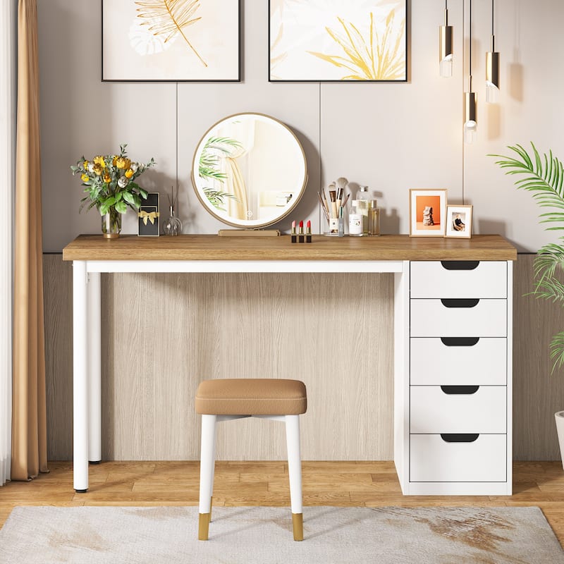 Vanity Desk with 5 Drawers, Modern Makeup Desk with Mulitple Storage, Gifts for Christmas - Brown+White