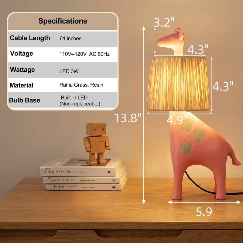 Giraffe Table Lamp with Handwoven Raffia Lampshade, LED Bedside Lamp with In-Line Switch, Resin Base