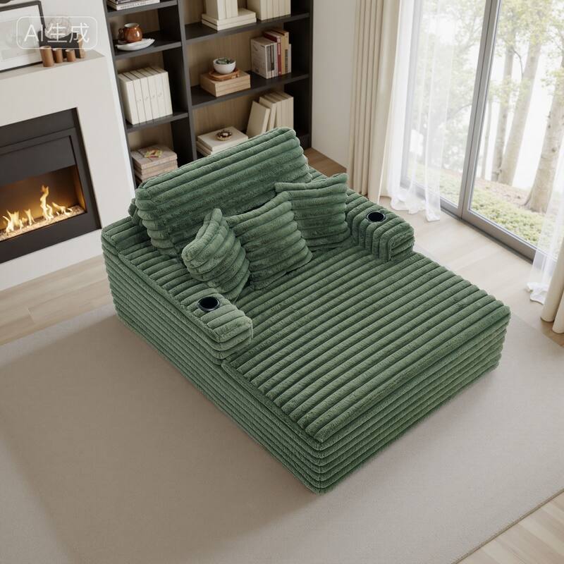 53"W Oversized Plush Fur-Like Chaise Lounge Sofa with Cup Holder