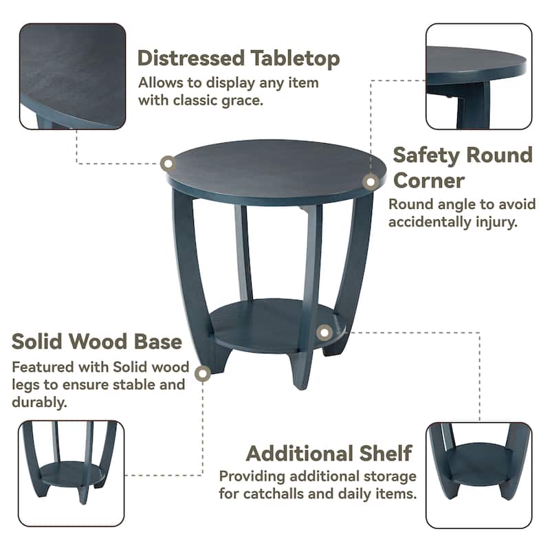 COZAYH Rustic Farmhouse End Table with Storage Shelf, French Country Accent Side Table, Round