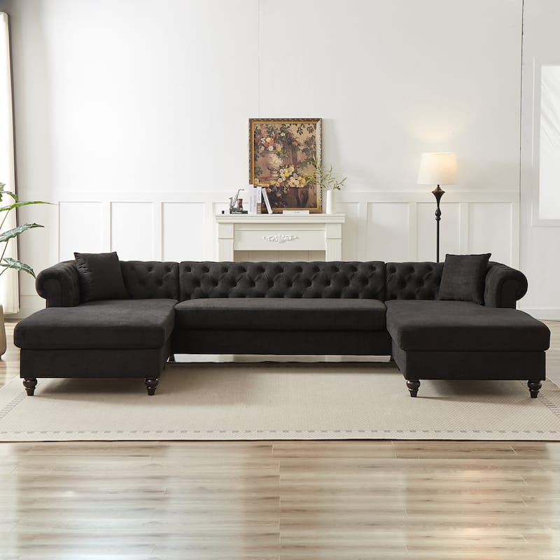 Chenille U-Shaped 5-Seater Sofa with Pull Point Design and Wooden Legs
