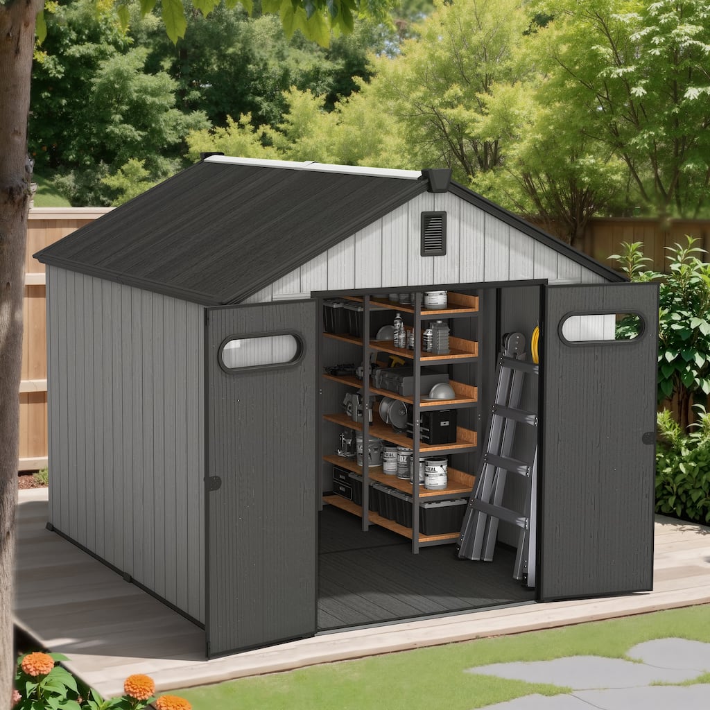 8X10 FT All-Weather Waterproof Plastc Outdoor Resin Storage Shed Windows Lockable Door with Floor for Patio Furniture and Tools