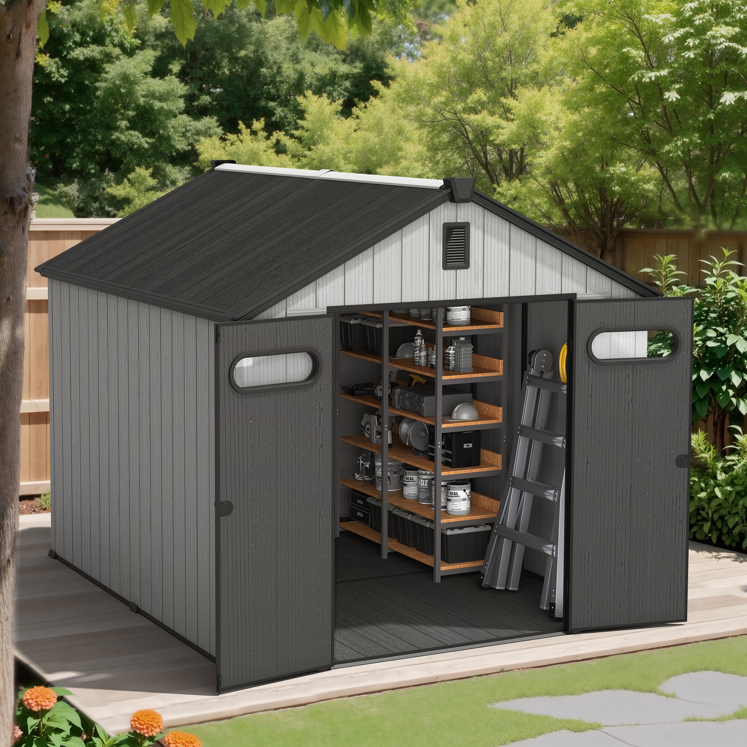 8X10 FT Outdoor All-Weather Waterproof Resin Storage Shed with Windows Floor & Lockable Door for Patio Furniture and Tools