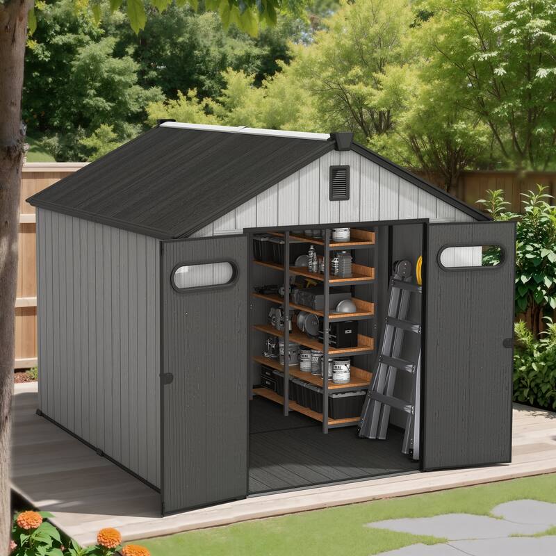 8X10 FT All-Weather Waterproof Plastc Outdoor Resin Storage Shed Windows Lockable Door with Floor for Patio Furniture and Tools