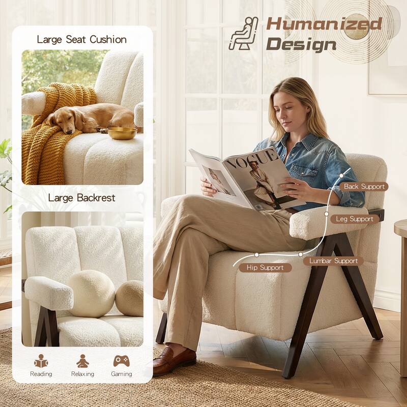 Mid Century Modern Accent Chair, Solid Wood Upholstered Armchair with Wide Backrest and Thick Cushion