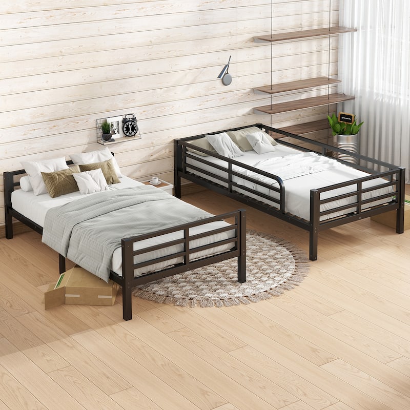 Twin XL Over Twin XL Bunk Bed with Curved Corner Guardrails, Noise Free Metal Bed Frame with Ladder and Underbed Storage