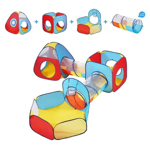 slide 2 of 28, Kids Play Tent with Tunnel, Basketball Hoop for Boys, Girls, Babies and Toddlers, Indoor/Outdoor Pop Up Playhouse 5 segments - Multicolor