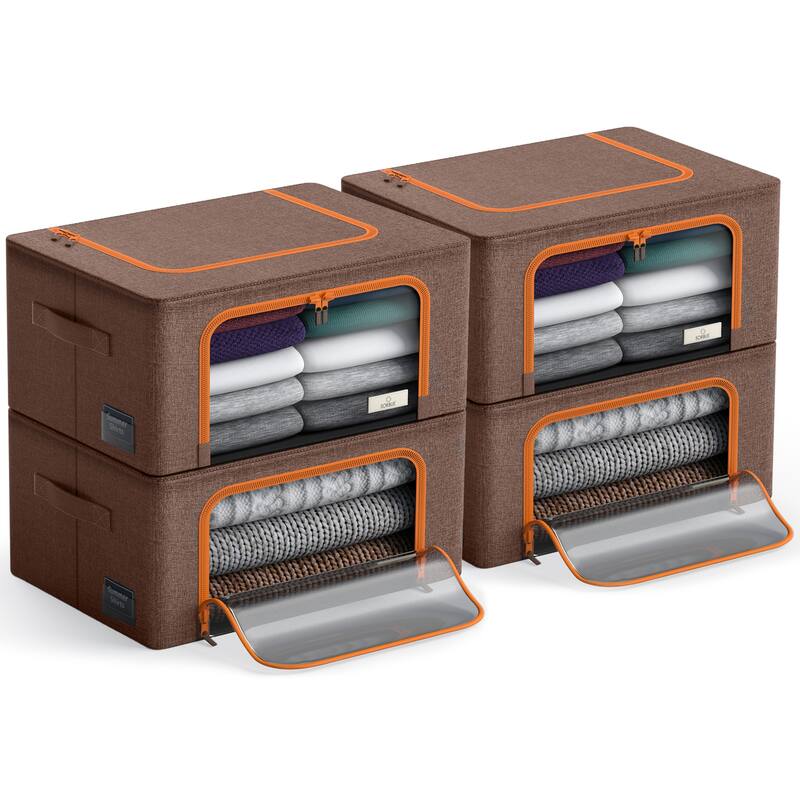 Sorbus Storage Bins with Metal Frame Stackable Foldable Clothes Organizer Bags Oxford Fabric & Clear Window & Handles- 4Pk - Brown