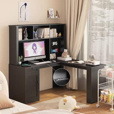 L Shaped Computer Desk with Outlet,Bookshelf & Hutch