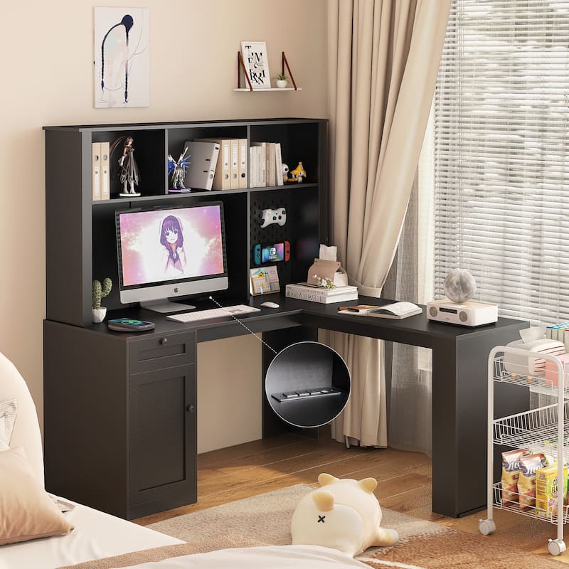 L Shaped Desk with Charger,Computer Desk with Drawers,Bookshelf - Black