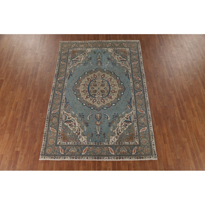 Blue Tabriz Vintage Persian Area Rug Handmade Traditional Wool Carpet - 6'4" x 9'5"