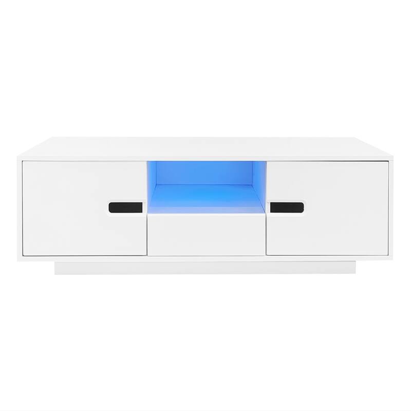 Roomfitters Modern Glossy Coffee Table with Storage Space and Light Accent, Rectangle Center Table for Living Room