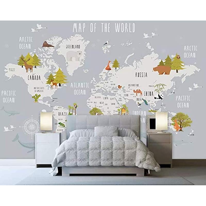 World Map and Animal Kids Textile Wallpaper - On Sale - Bed Bath ...