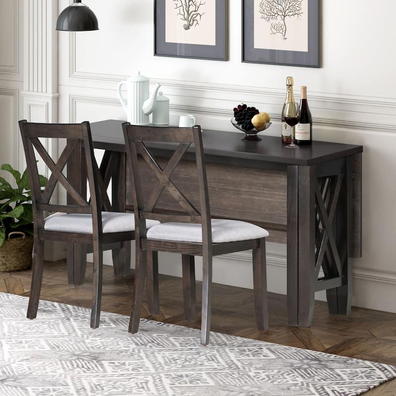 6-Piece Foldable Dining Table Set with 4 Decorative Cross-Back Upholstered Chairs & Bench, Solid Wood Kitchen Table Set