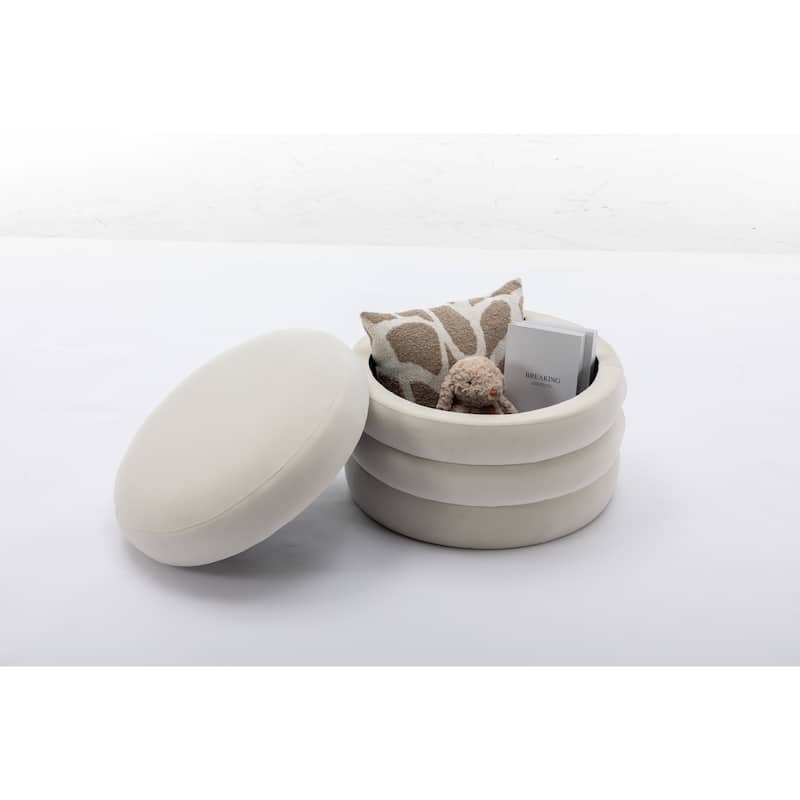 Velvet Fabric Storage Round Ottoman Footstool With Wooden Shelving,Ivory