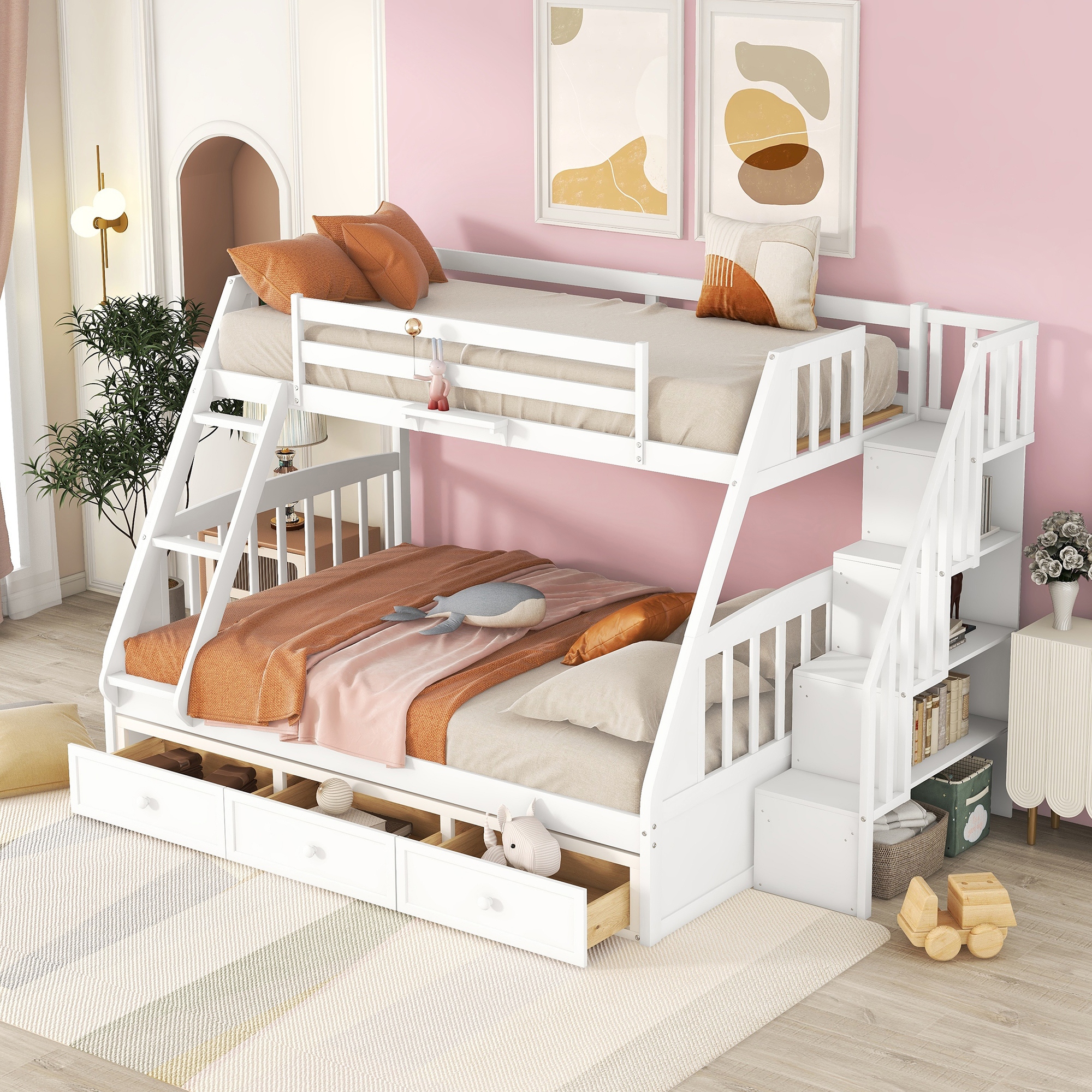 Modern Twin Over Full Bunk Bed 93.4 Wood Bed Frame with Drawers and Storage Staircase Taupe