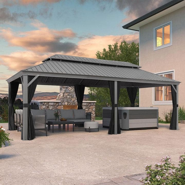 PURPLE LEAF Patio Gazebo for Light Grey Backyard Hardtop Galvanized Steel Frame with Upgrade Curtain - 12' x 24' - Light Grey