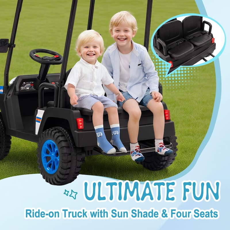 24V XL Kids Ride On Electric Truck with 4 Seats, Remote Control, Dual Motors, Suspension, Bluetooth Audio & Removable Sunshade