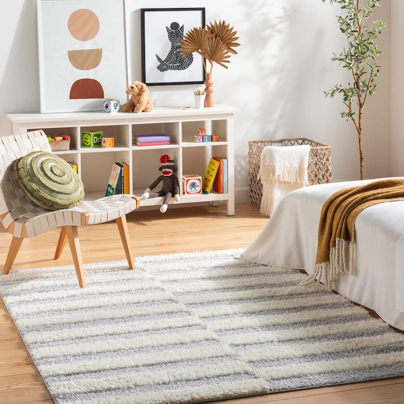 Livabliss Rodos Modern Striped Plush Area Rug - 7' 10" x 10' - Light Grey