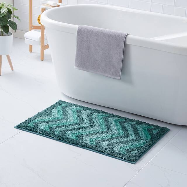 Clara Clark Non Slip Shaggy Bath Rug Set - Chevron Design Ultra Soft Bathroom Mat - Medium - 20 x 32 - Green