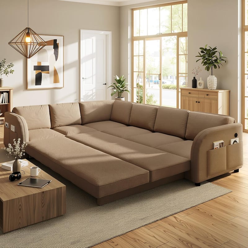 Homy Casa 85"/115" L-Shaped Sectional Sofa Bed USB & Side Pocket, Teddy Fabric Pull-Out Sleeper, Reversible Chaise, Multi Colors