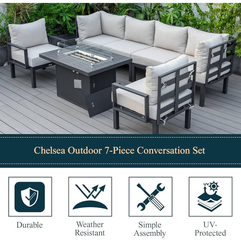 Chelsea 7-Piece Outdoor Patio Sectional Set with Firepit Table in Black Aluminum for Backyard Garden and Patio Deck