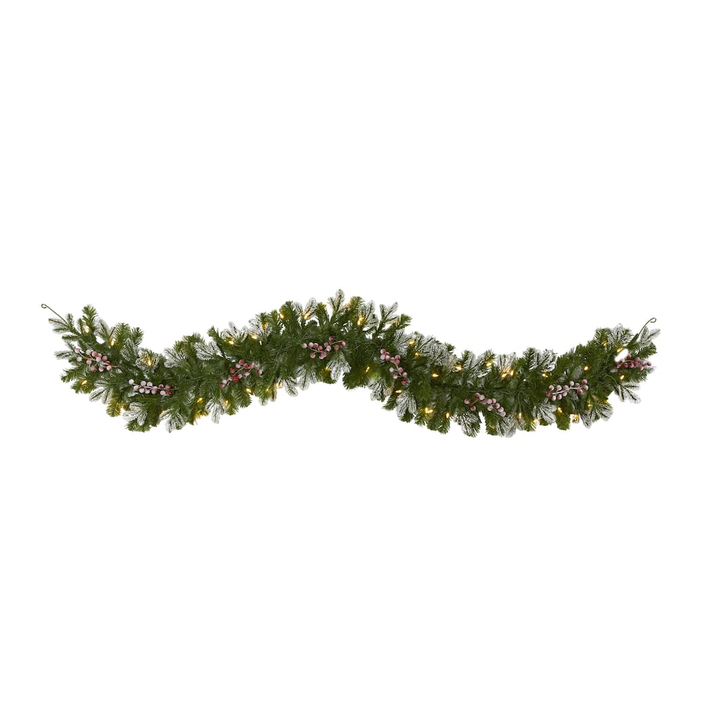 6' Snow Tipped Artificial Christmas Garland with 50 Warm White LED Lights and Berries - 72