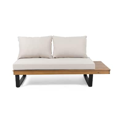 Roomfitters Outdoor 2-Seater Sofa with Right/Left Side Table, Acacia Wood Frame and Cushions, Beige