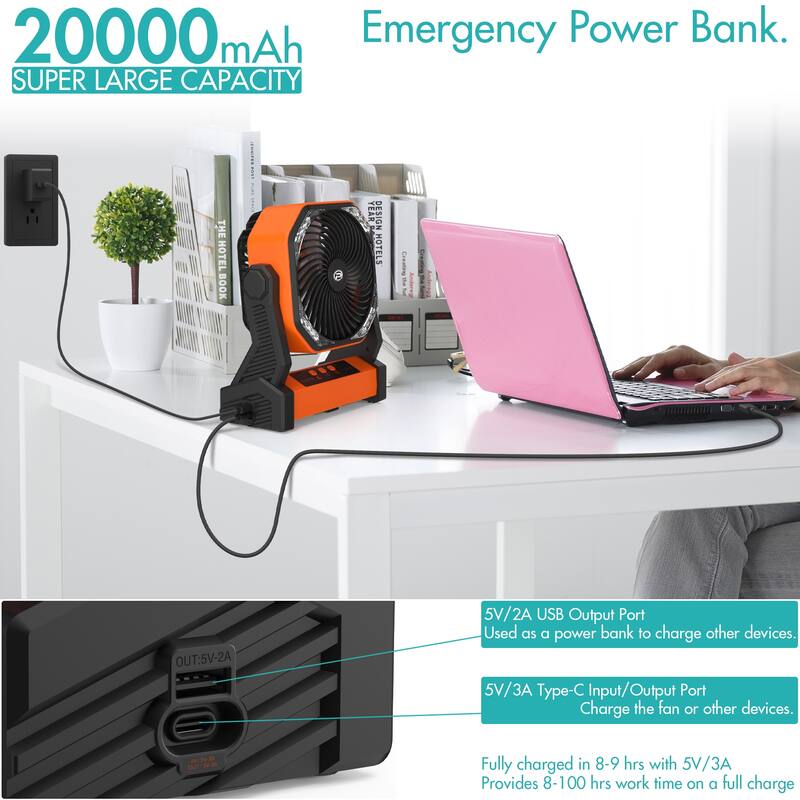 20000mAh Battery Operated Fan Portable Camping Fan with Light and Hook