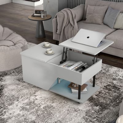DH BASIC Modern 37-inch Lift-Top Coffee Table with 16 Colors LED Light and Adjustable Shelf