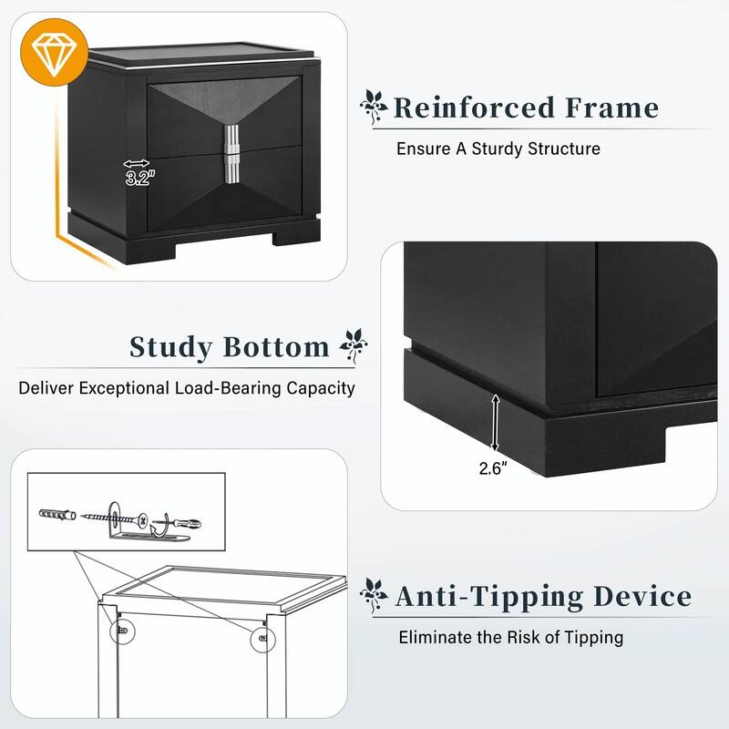 Mid-Century Modern Nightstand with 2 Drawers - Wide Wood End Table with Diamond Design and Heavy-Duty Base