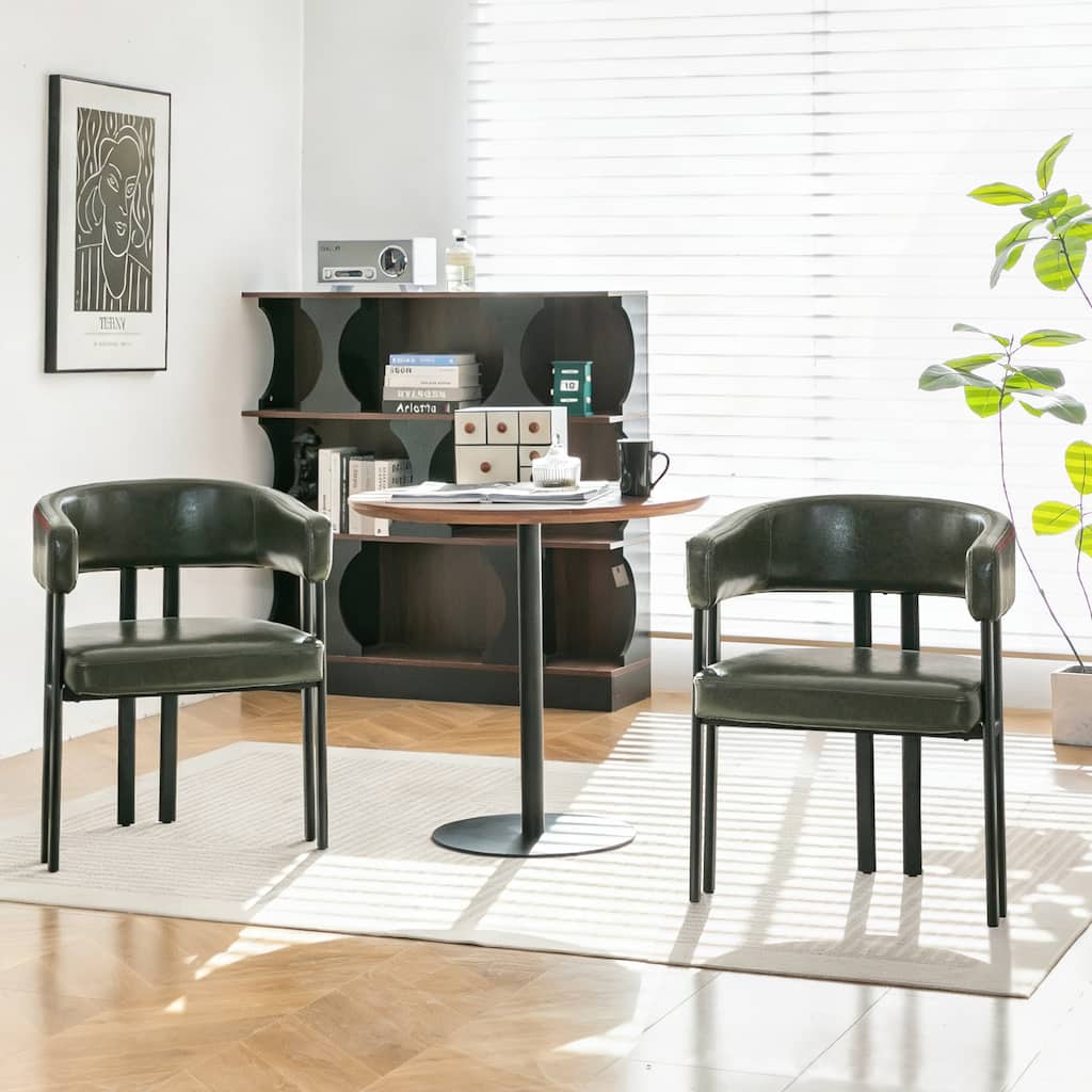Modern Dining Chairs Set of 2, Faux Leather Upholstered Barrel Chairs with Integrated Curved Back And Armrests, Metal Frame