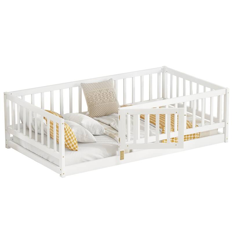 Full Size Montessori Floor Bed with Fence and Door, Kids Wood Bed Frame, Natural Pine Wood Floor Bed