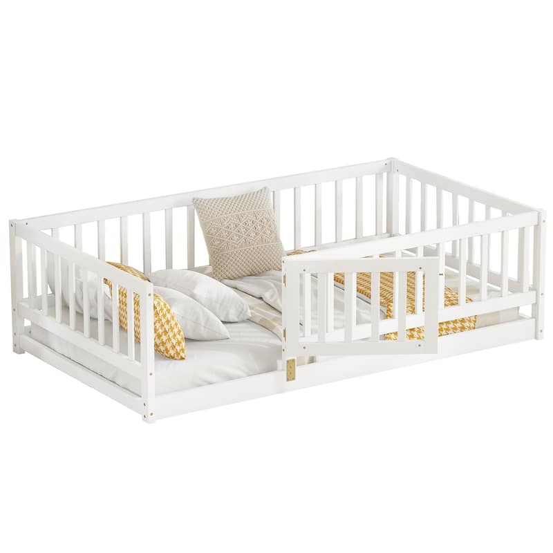 Montessori Floor Bed with Fence Guardrail and Removable Door Toddler Floor Wood Bed Frame for Kids Boys Girls Children's Room