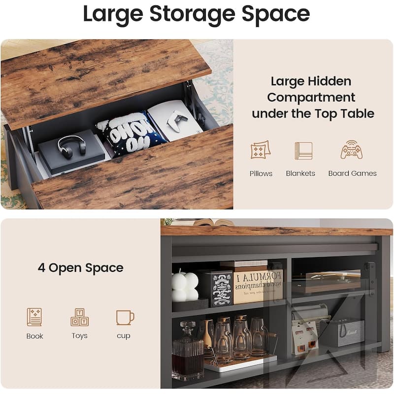 Coffee Table Lift Top Square Center Table Barn Door Adjustable Shelves